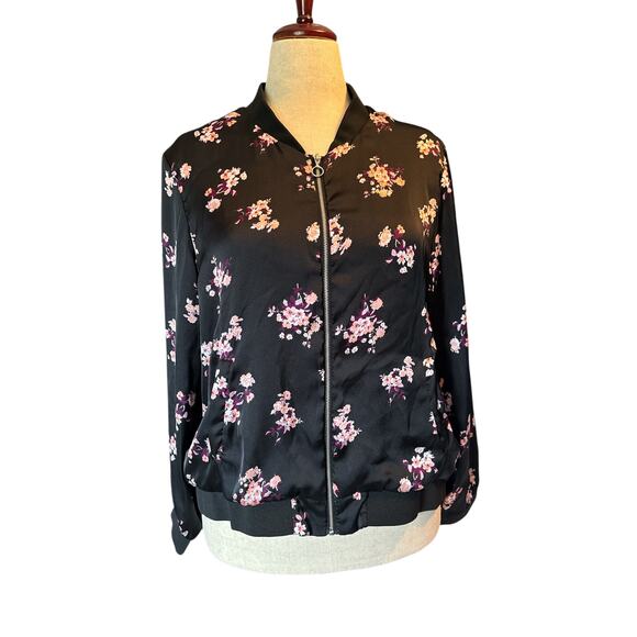 Ultra Flirt Satin Bomber Jacket Floral Black Pink Satin Zip Front Plus 1X - Picture 1 of 8